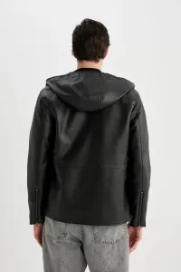 DEFACTO Slim Fit Faux Leather Jacket Coat Slim Cut Hooded Zippered Pocket Seasonal