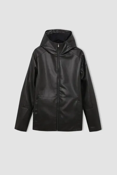 DEFACTO Slim Fit Faux Leather Jacket Coat Slim Cut Hooded Zippered Pocket Seasonal