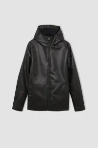 DEFACTO Slim Fit Faux Leather Jacket Coat Slim Cut Hooded Zippered Pocket Seasonal