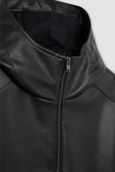 DEFACTO Slim Fit Faux Leather Jacket Coat Slim Cut Hooded Zippered Pocket Seasonal