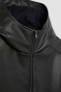 DEFACTO Slim Fit Faux Leather Jacket Coat Slim Cut Hooded Zippered Pocket Seasonal