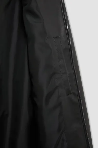 DEFACTO Slim Fit Faux Leather Jacket Coat Slim Cut Hooded Zippered Pocket Seasonal