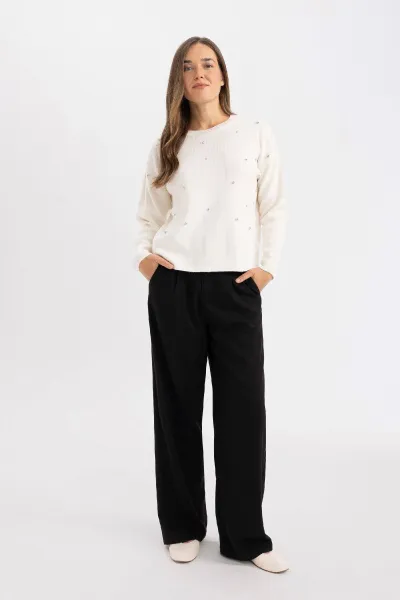 DEFACTO Regular Fit Crew Neck Stone Knitted Sweater