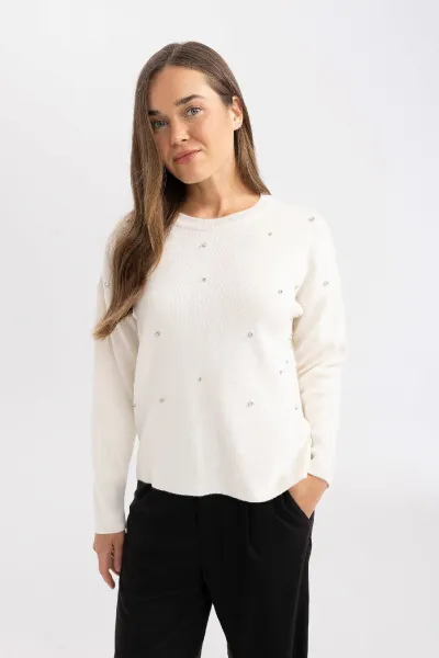 DEFACTO Regular Fit Crew Neck Stone Knitted Sweater