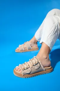 LuviShoes HARMONY Beige Gold Buckle Double Strap Women's Slippers