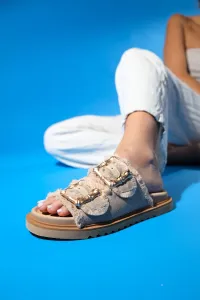 LuviShoes HARMONY Beige Gold Buckle Double Strap Women's Slippers