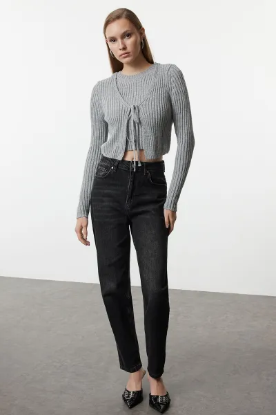 Trendyol Gray Crop Blouse-Cardigan Set Knitwear Cardigan