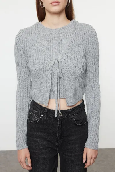 Trendyol Gray Crop Blouse-Cardigan Set Knitwear Cardigan