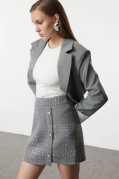 Trendyol Anthracite Buttoned Tweed Fabric Mini Woven Skirt