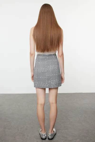 Trendyol Anthracite Buttoned Tweed Fabric Mini Woven Skirt