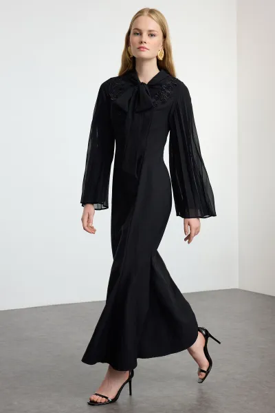 Trendyol Black Embroidered Detailed Chiffon Sleeve Woven Evening Dress