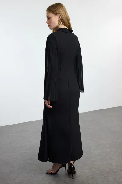 Trendyol Black Embroidered Detailed Chiffon Sleeve Woven Evening Dress