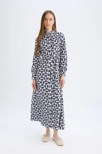 DEFACTO Shirt Collar Patterned Buttoned Belted Long Sleeve Maxi Dress