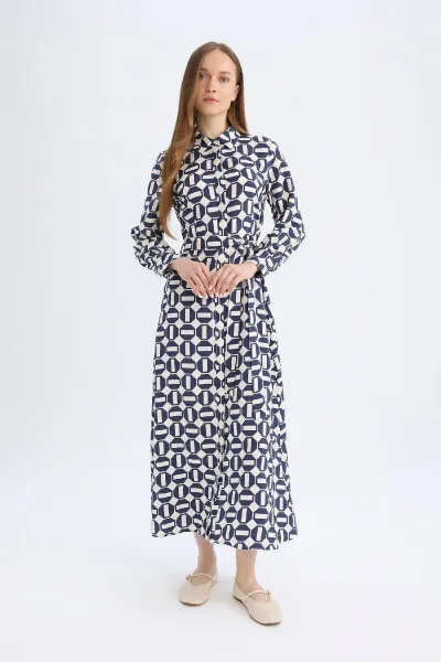 DEFACTO Shirt Collar Patterned Buttoned Belted Long Sleeve Maxi Dress