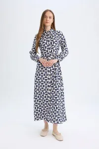 DEFACTO Shirt Collar Patterned Buttoned Belted Long Sleeve Maxi Dress