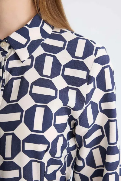 DEFACTO Shirt Collar Patterned Buttoned Belted Long Sleeve Maxi Dress