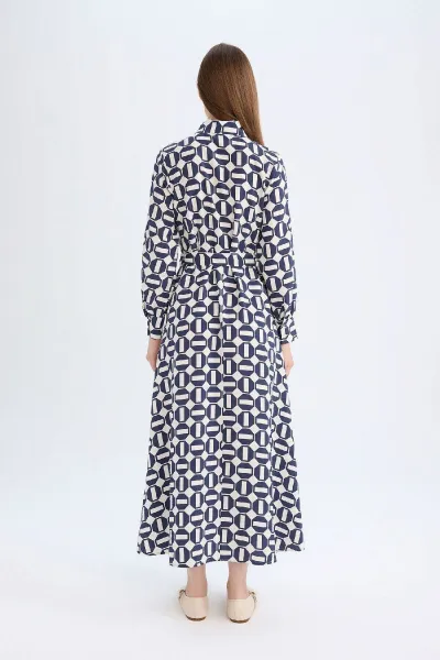 DEFACTO Shirt Collar Patterned Buttoned Belted Long Sleeve Maxi Dress
