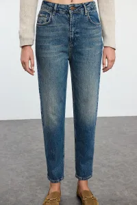 Trendyol Dark Blue Faded Effect Vintage High Waist Slim Mom Jeans