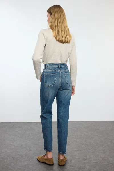 Trendyol Dark Blue Faded Effect Vintage High Waist Slim Mom Jeans