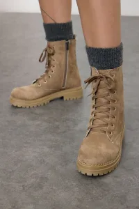 Trendyol Mink Suede Lace-Up and Zippered Short Flat Heel Women's Combat Boots