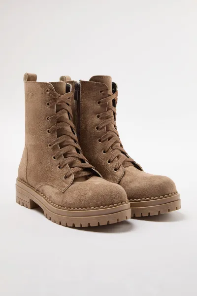 Trendyol Mink Suede Lace-Up and Zippered Short Flat Heel Women's Combat Boots