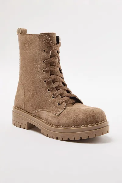 Trendyol Mink Suede Lace-Up and Zippered Short Flat Heel Women's Combat Boots