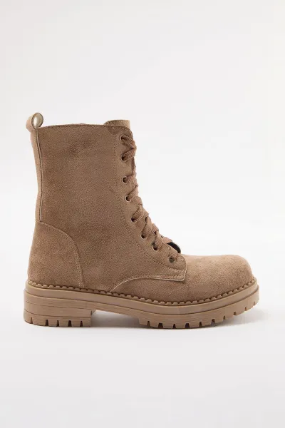 Trendyol Mink Suede Lace-Up and Zippered Short Flat Heel Women's Combat Boots