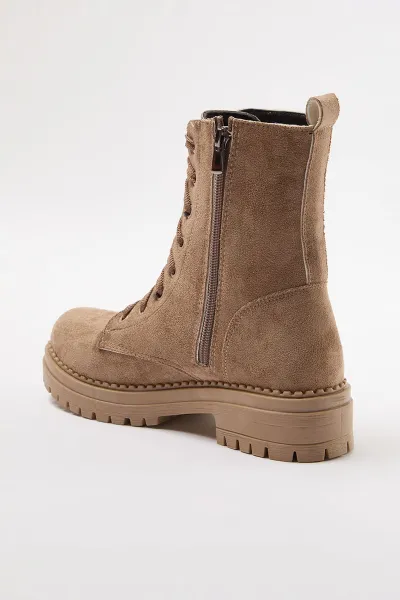Trendyol Mink Suede Lace-Up and Zippered Short Flat Heel Women's Combat Boots