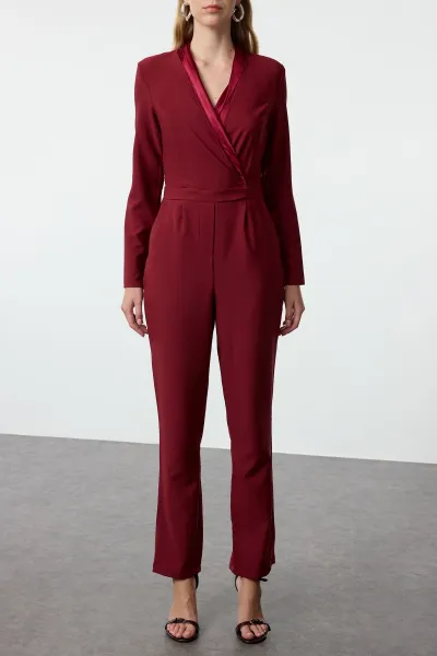 Trendyol Limited Edition Long Claret Red Satin Collar Detailed Woven Jumpsuit