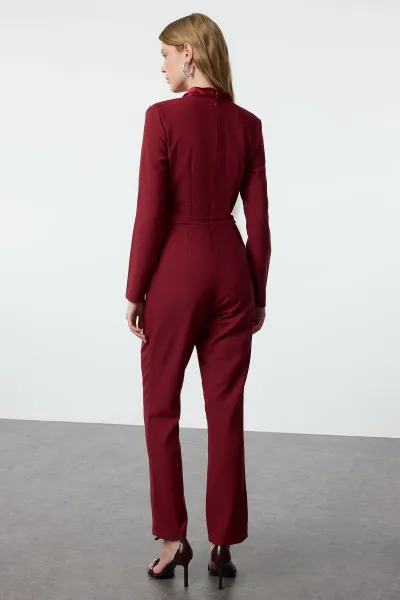 Trendyol Limited Edition Long Claret Red Satin Collar Detailed Woven Jumpsuit