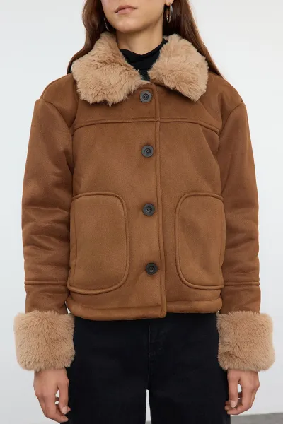 Trendyol Brown Regular Fit Plush Detailed Suede Coat