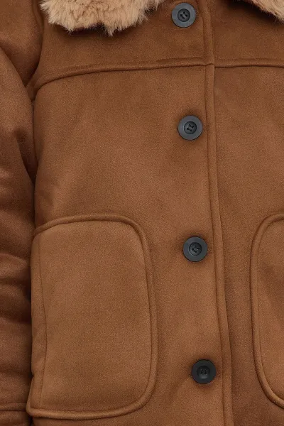 Trendyol Brown Regular Fit Plush Detailed Suede Coat