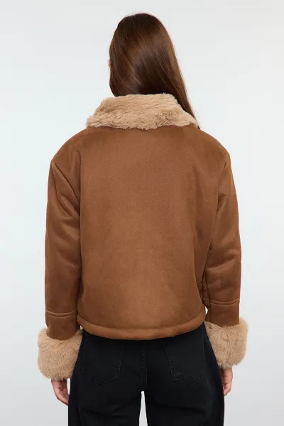 Trendyol Brown Regular Fit Plush Detailed Suede Coat