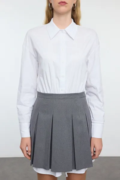 Trendyol Gray Pleated Skirt Detailed Skater/Beldan Opening Mini Woven Shirt Dress