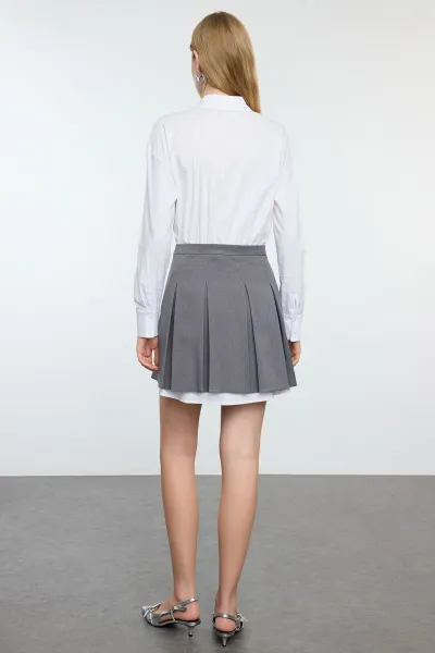 Trendyol Gray Pleated Skirt Detailed Skater/Beldan Opening Mini Woven Shirt Dress