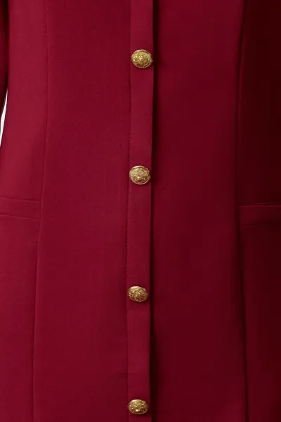 Trendyol Claret Red Plain Mini Straight Cut Button Detailed Crew Neck Mini Woven Dress