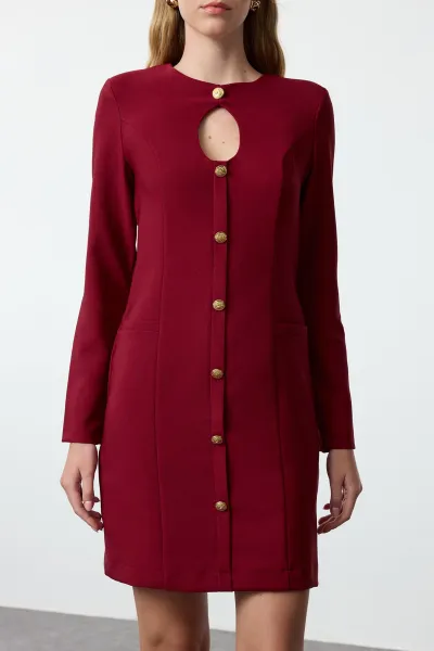 Trendyol Claret Red Plain Mini Straight Cut Button Detailed Crew Neck Mini Woven Dress