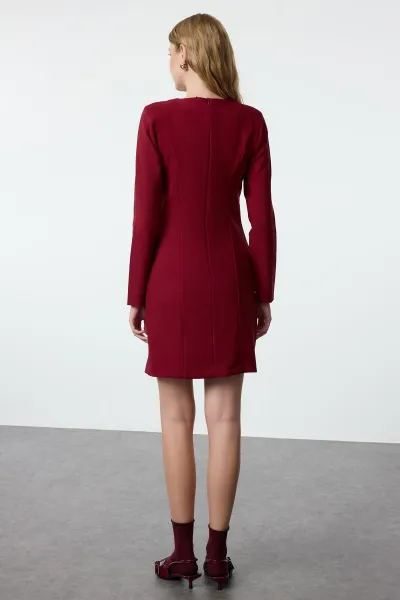 Trendyol Claret Red Plain Mini Straight Cut Button Detailed Crew Neck Mini Woven Dress