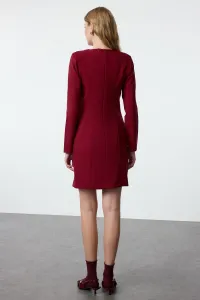 Trendyol Claret Red Plain Mini Straight Cut Button Detailed Crew Neck Mini Woven Dress