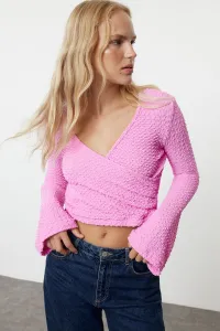 Trendyol Pink Premium Textured Fabric Double Breasted Neck Regular/Normal Fit Crop Knitted Blouse