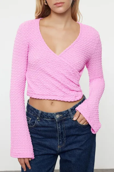 Trendyol Pink Premium Textured Fabric Double Breasted Neck Regular/Normal Fit Crop Knitted Blouse