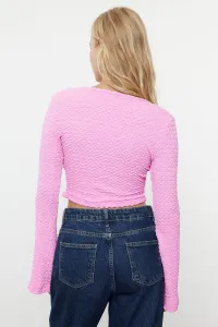 Trendyol Pink Premium Textured Fabric Double Breasted Neck Regular/Normal Fit Crop Knitted Blouse