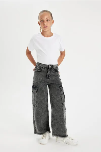 DEFACTO Girls Wide Leg Cargo Pocket Wide Leg Jeans