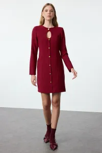 Trendyol Claret Red Plain Mini Straight Cut Button Detailed Crew Neck Mini Woven Dress