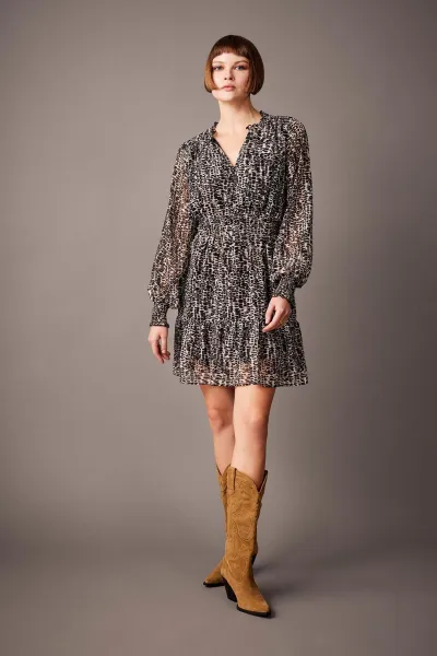 DEFACTO V-neck Patterned Chiffon Mini Long Sleeve Dress
