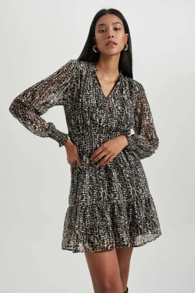 DEFACTO V-neck Patterned Chiffon Mini Long Sleeve Dress