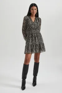 DEFACTO V-neck Patterned Chiffon Mini Long Sleeve Dress