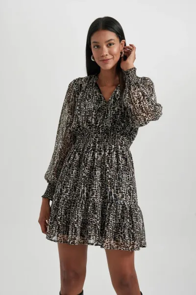 DEFACTO V-neck Patterned Chiffon Mini Long Sleeve Dress
