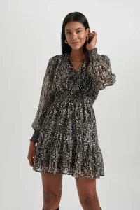 DEFACTO V-neck Patterned Chiffon Mini Long Sleeve Dress