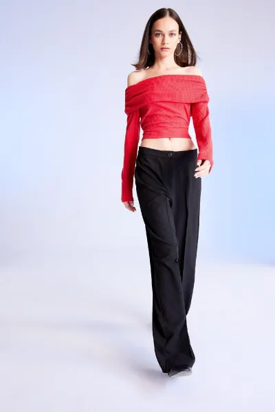 DEFACTO Fitted Bodycon Off Shoulder Ribbed Camisole Red Long Sleeve T-Shirt